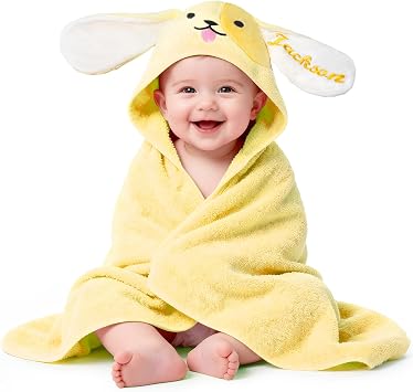 Custom Hooded Unisex Baby Towel with Name, Personalized Soft Yellow Puppy Bath Towel, Shower Towels for Girls Boys, Easter Basket Stuffers Gifts for Baby, Toddler, Newborn Yellow