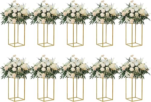 Miniatura 8 de YALLOVE Paquete de 2 soportes de flores de boda dorados de 23.75 pulgadas, soporte de columna de jarrón geométrico para decoración de hogar, fiesta,