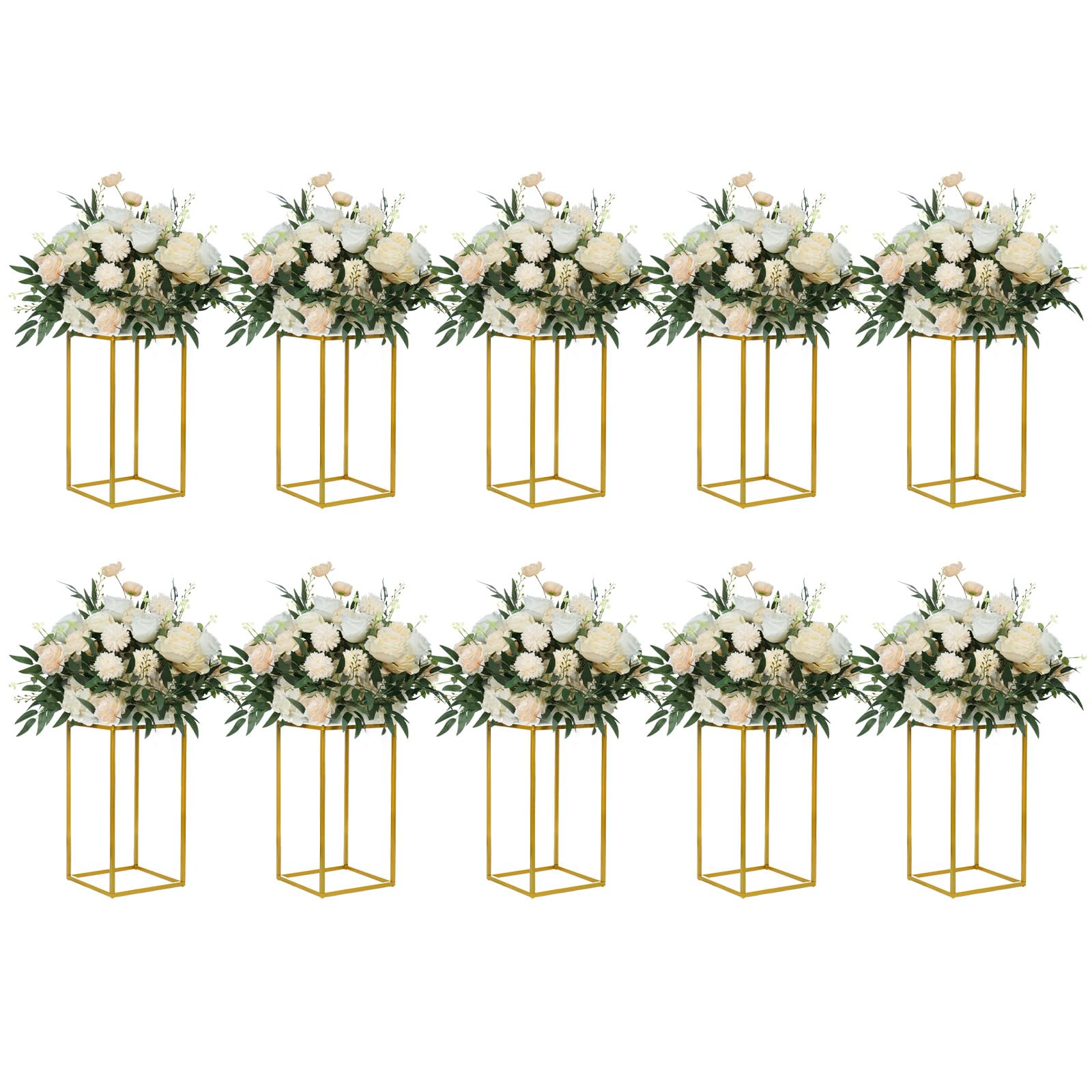 Photo 1 of YALLOVE 10 Pcs 15.75" Gold Wedding Flower Stand Metal Vase Column Stand Geometric Centerpiece Vase for Home Party Wedding Decorations, Rectangular Flower Display Rack