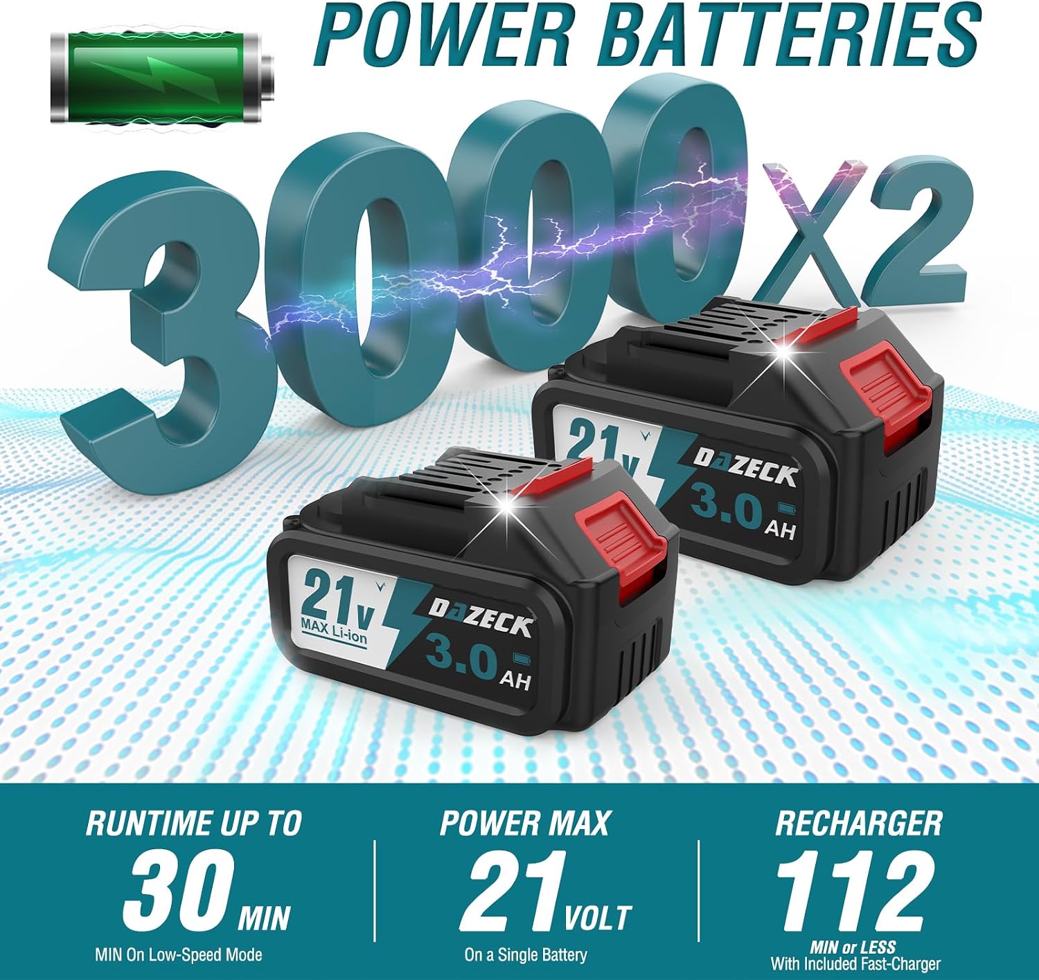 Two 21V 3.0Ah lithium-ion batteries for the DAZECK leaf blower, with charging information.