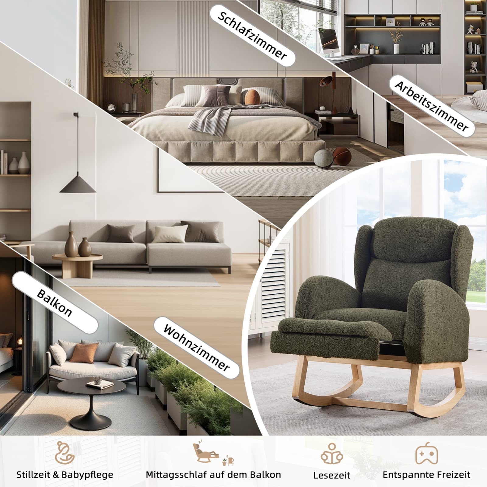 KOMHTOM Fauteuil à Bascule avec Repose-Pieds Escamotable, Rocking Chair avec Structure en Bois, Fauteuil Lounge, Poche de Rangement Latérale (Vert)