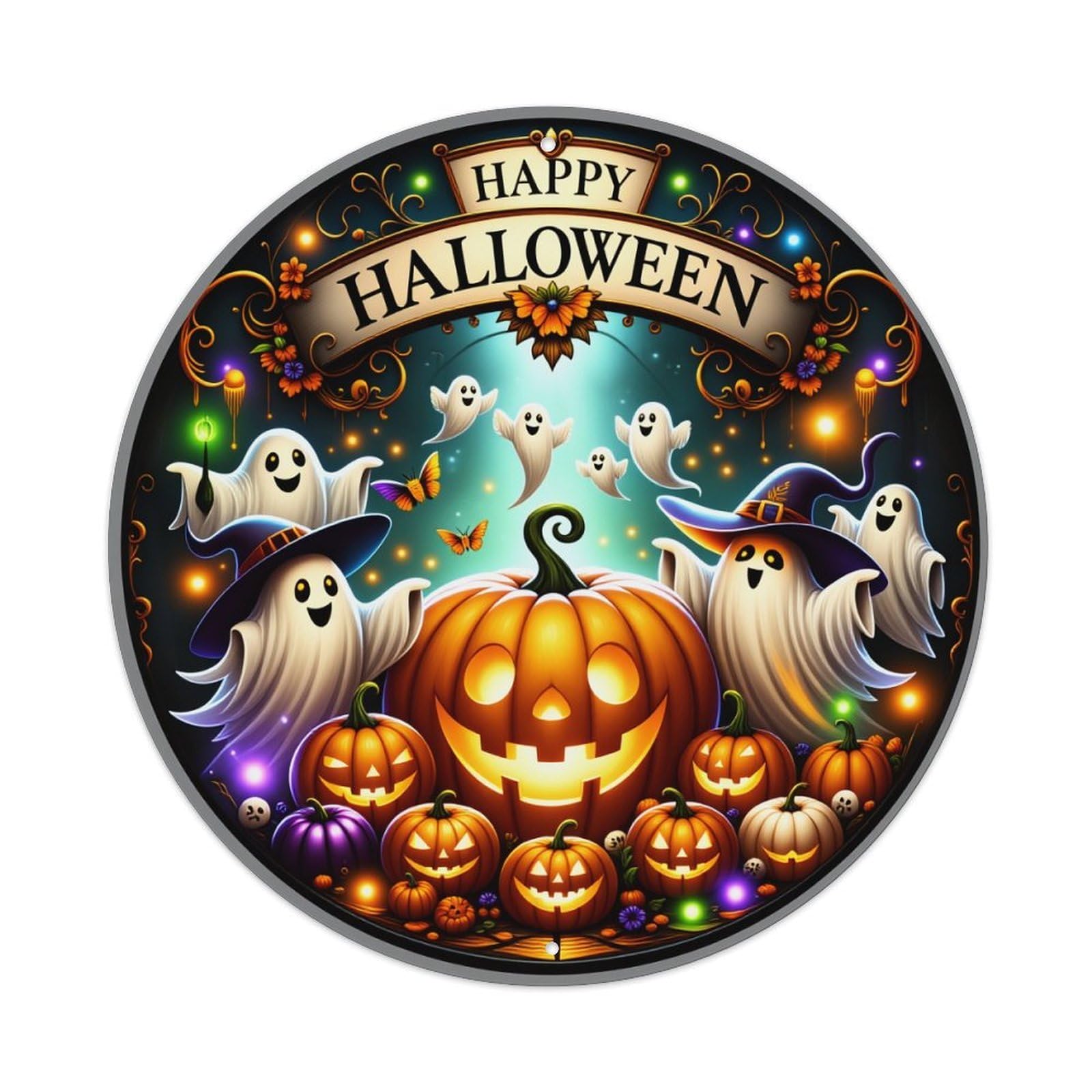 Happy Halloween Ghosts Pumpkins Lights Round Tin Sign Vintage Metal Poster Retro Bar, Home, Man Cave, Kitchen, Laundry Room Wall Art Decor Gift 8x8In
