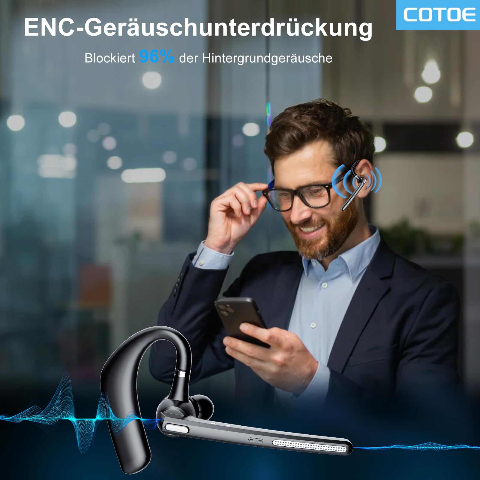 COTOE Bluetooth Headset V5.3 Kabelloser Ohrhörer mit 500 mAh Ladehülle Geräuschunterdrückung Mikrofon Schwarz