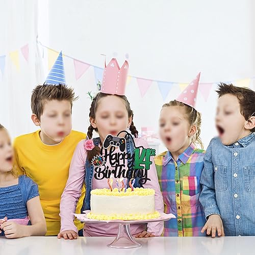 Vista 5 de 1 pieza de decoración de pastel de feliz cumpleaños 14 con purpurina para videojuegos, juego de selección de pasteles en controladores, catorce
