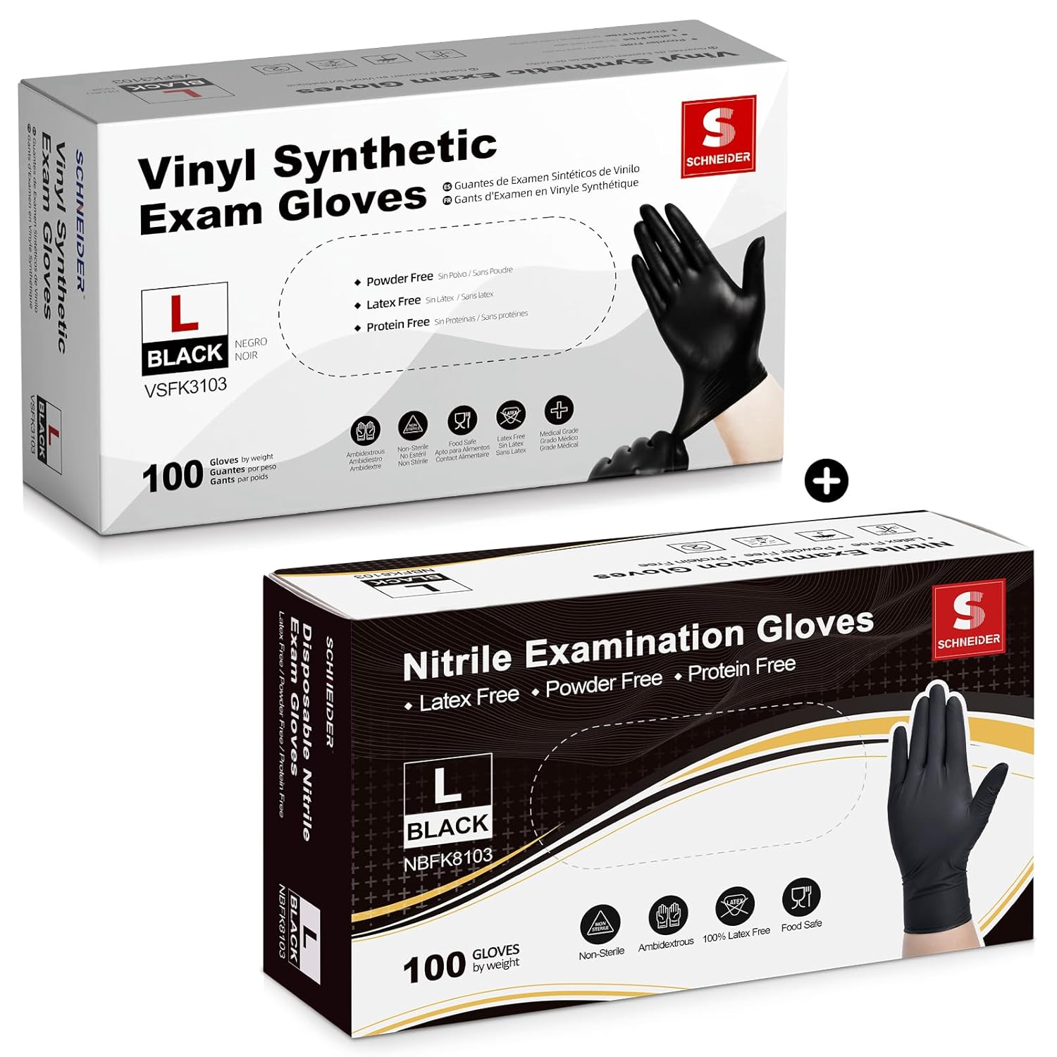 Black Vinyl Exam Gloves 4 mil 100-ct Box + Thicker Nitrile Exam Gloves 5 mil 100-ct Box(Large)