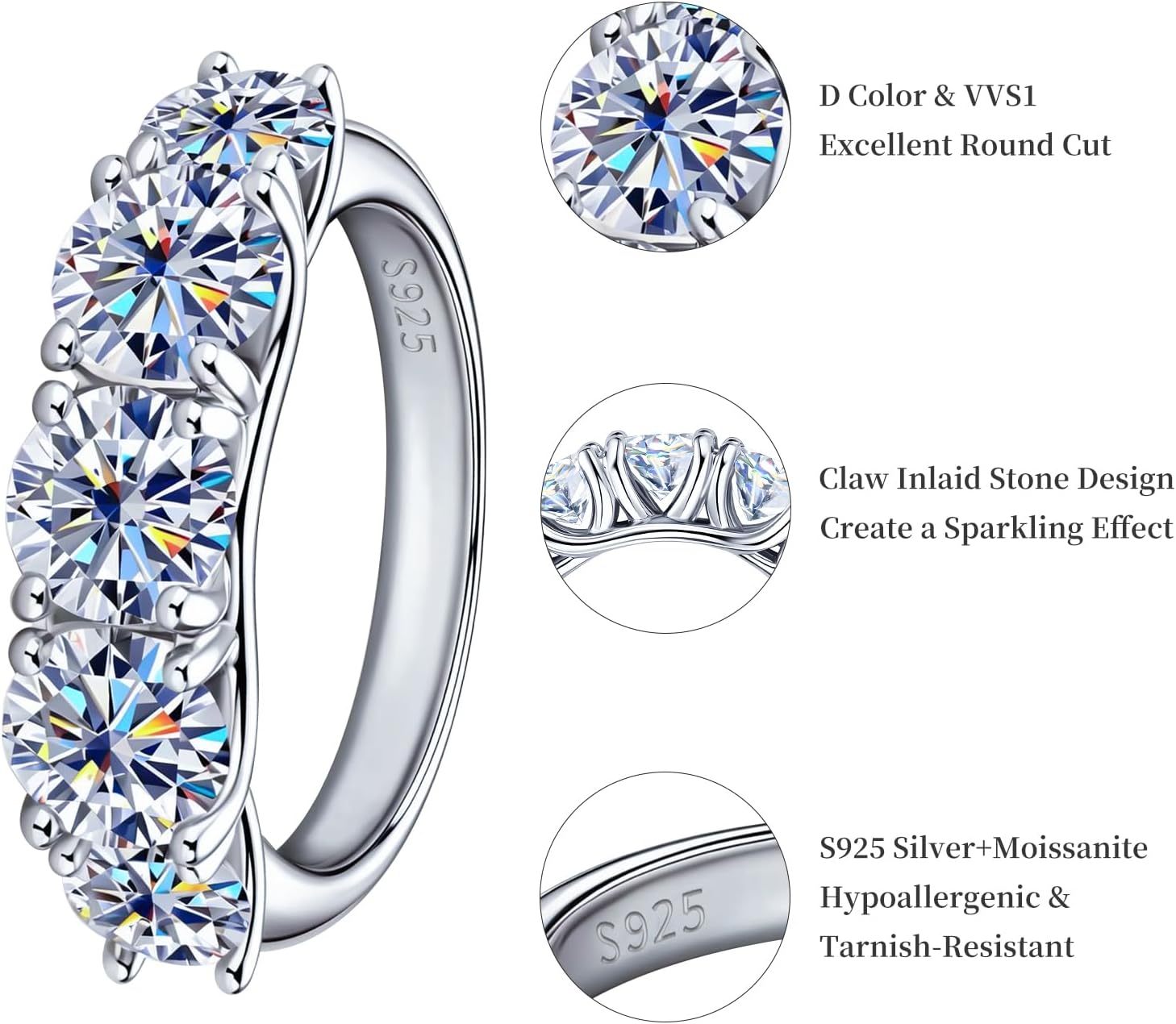 5 Stone 3.6CT Moissanite Engagement Ring for Women, D Color VVS1 925 Sterling Silver 18K White Gold Plated Wedding Band - Image 3