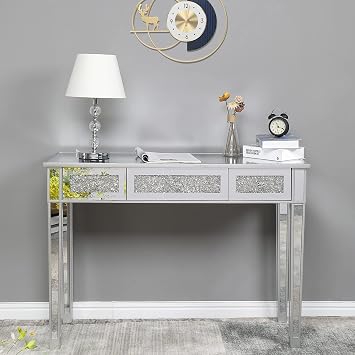Henf Mirrored Vanity Desk Silver Console Table Sofa Table with 3 Faux Diamonds Drawers, Modern Glass Vanity Dressing Table Makeup Stand for Entryway/Foryer/Bedroom/Living Room