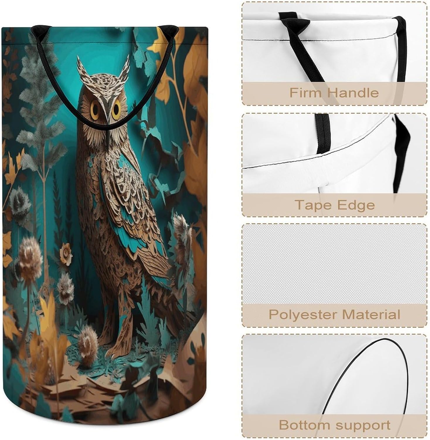 Owl Laundry Hamper with Handles Freestanding Large Laundry Basket Collapsible Clothes Hamper Waterproof Clothes Basket for Family Bathroom Decor Storage 86L