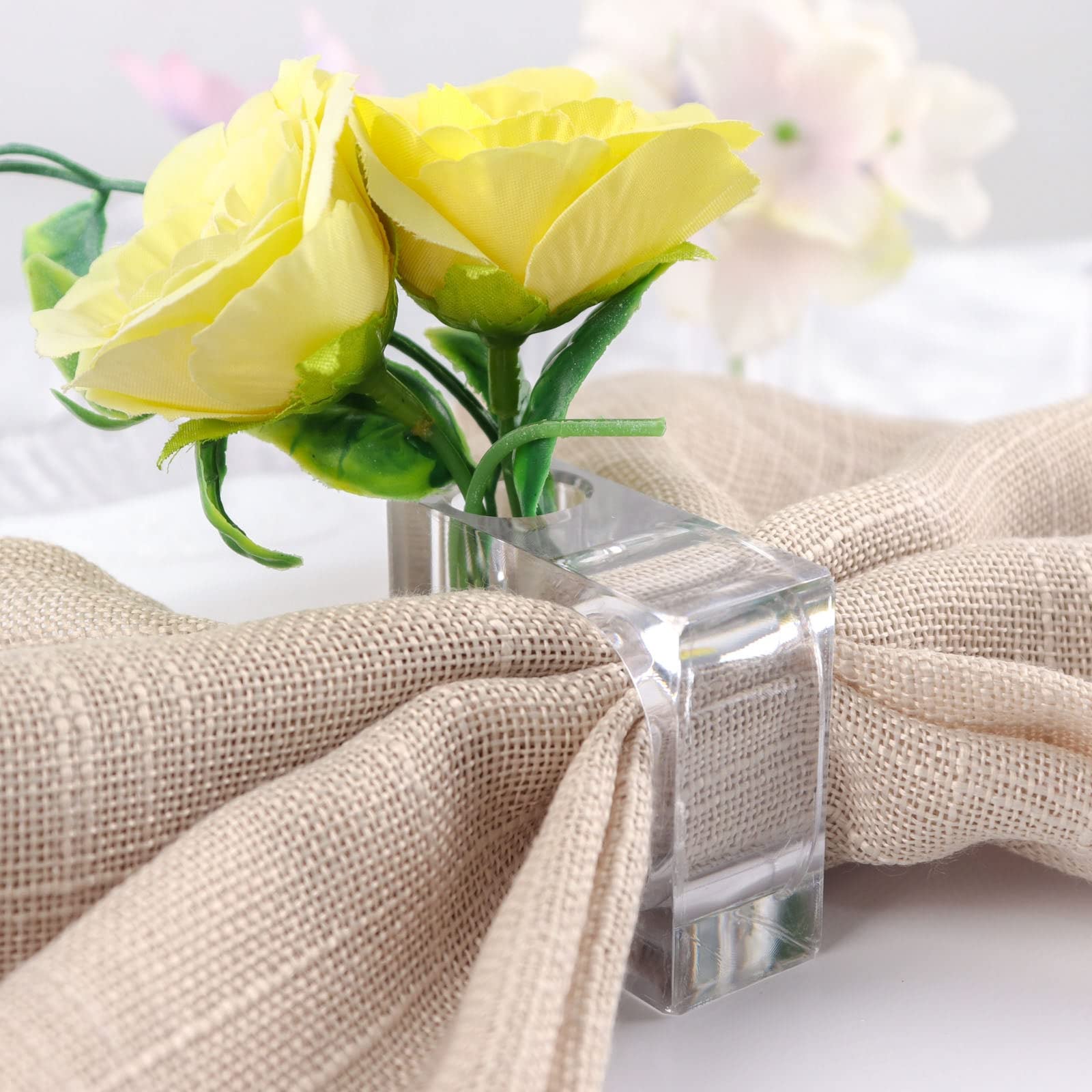 Tableclothsfactory 4 Pack | Clear Acrylic Square Mini Bud Vase Napkin Rings, 2-in-1 Flower Napkin Holders
