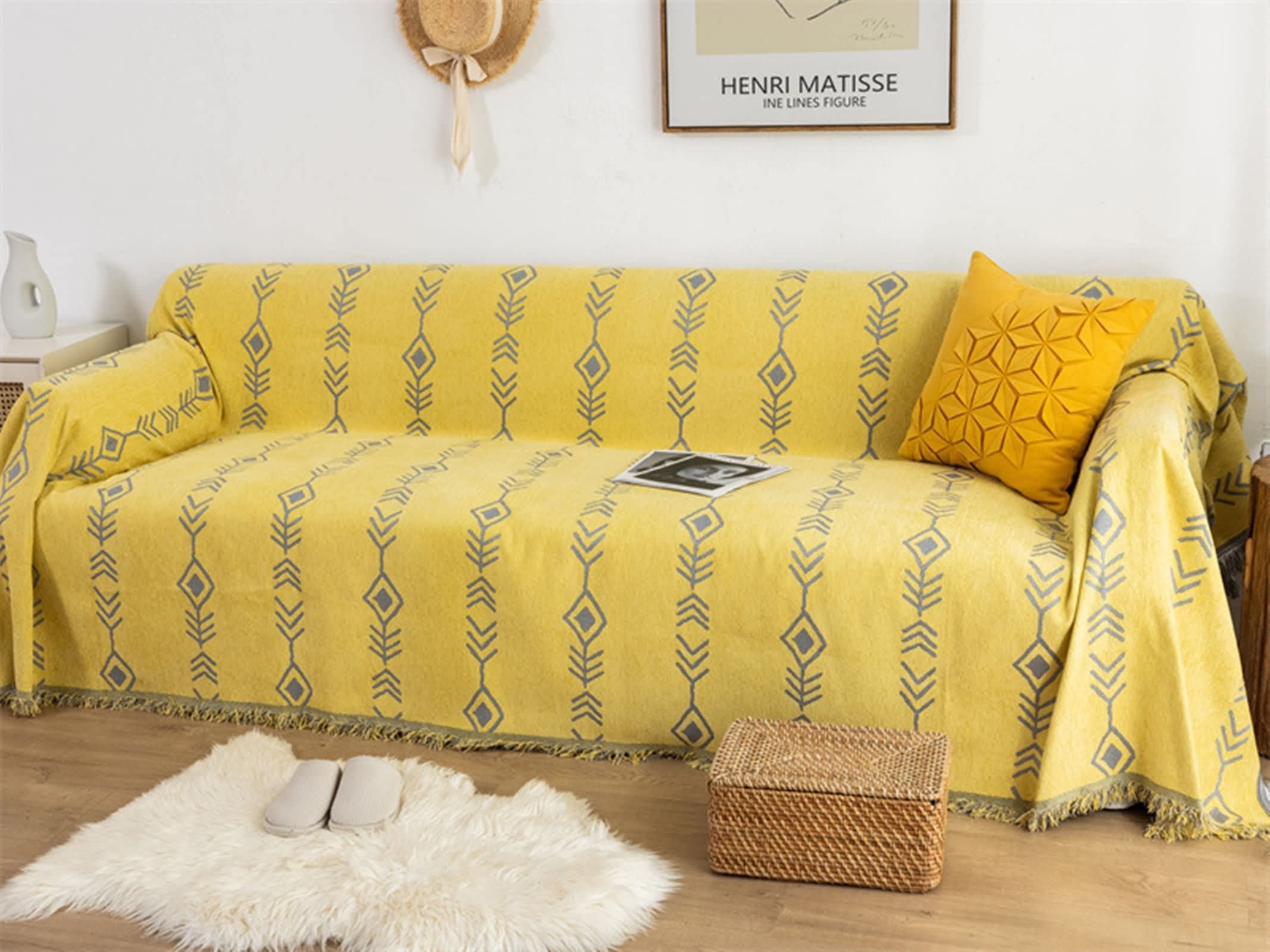 3 Sitzer Couch Überzug,Sofa Bezug mit Pfeil Sofabezug Chenille Handtuch Sofa Gelb Grau Sofaüberwurf Decke 180x260CM