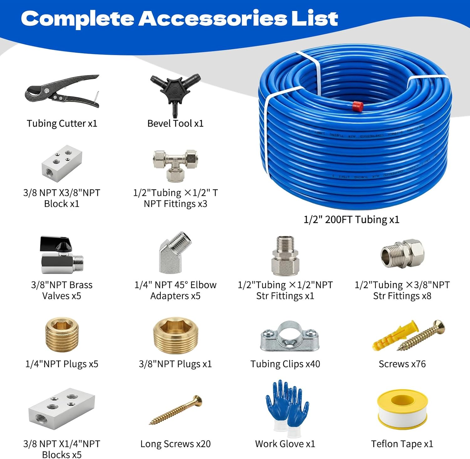 1/2" x 200FT Compressed Shop Air Line Kit, HDPE Aluminum Tubing, Compressed Air Line Kit for Garage Rapid Air System, Air Compressor Hose Kit, Air Hose Kit, Leak-Proof and Easy to Install, Blue
