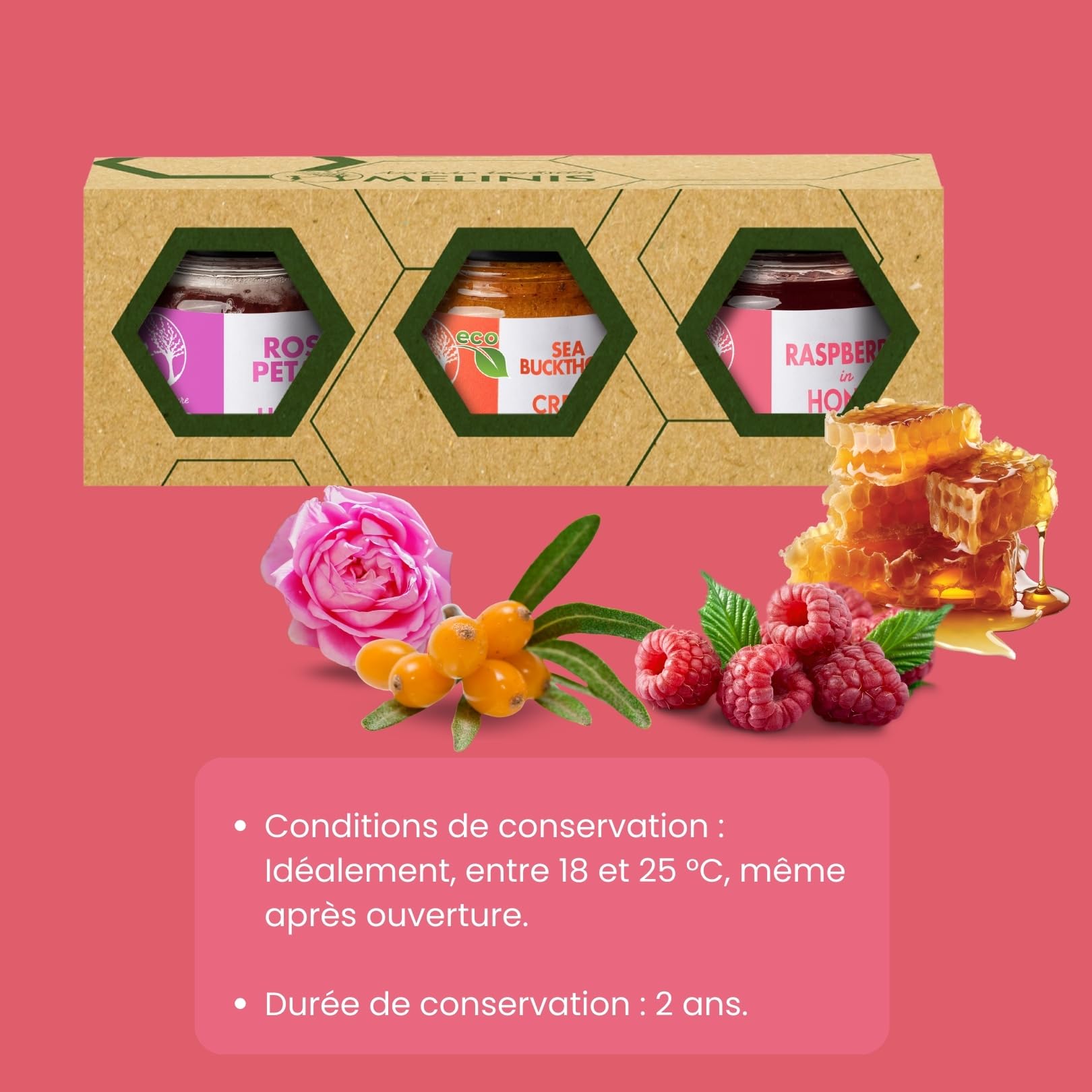 Coffret 3 × 40 g Crèmes de Miel Bio – Acacia à l’Argousier, à la Framboise et à la Rose – Sans Sucre Ajouté – Pour Petit-Déjeuner, Desserts ou Cadeau – Melinis
