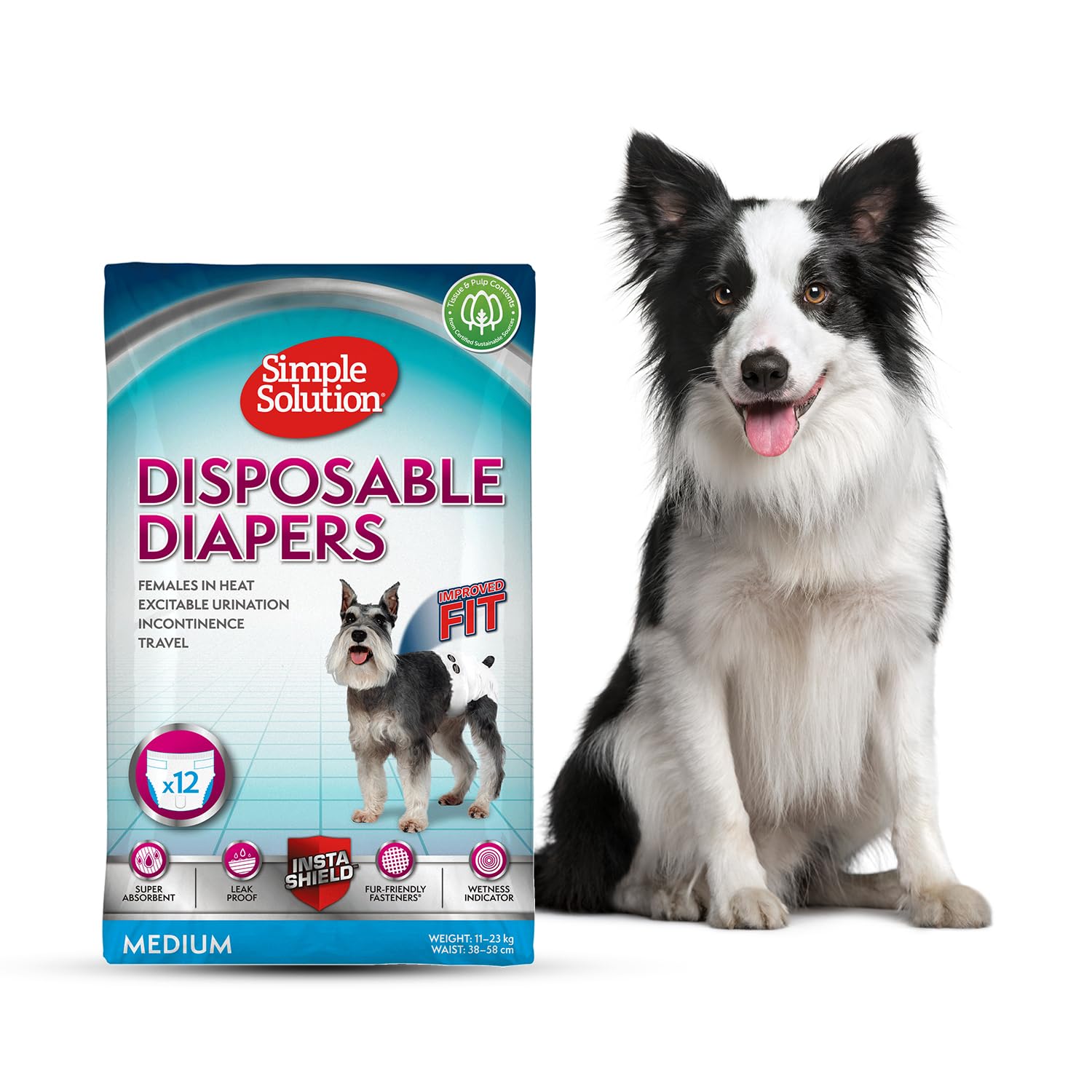 True Fit Disposable Dog Diapers for Female Dogs, Super Absorbent with Wetness Indicator,Adjustable Fur Friendly Fasteners for Comfortable Fit, Medium Size 38-58cm Waist (12 Pack)