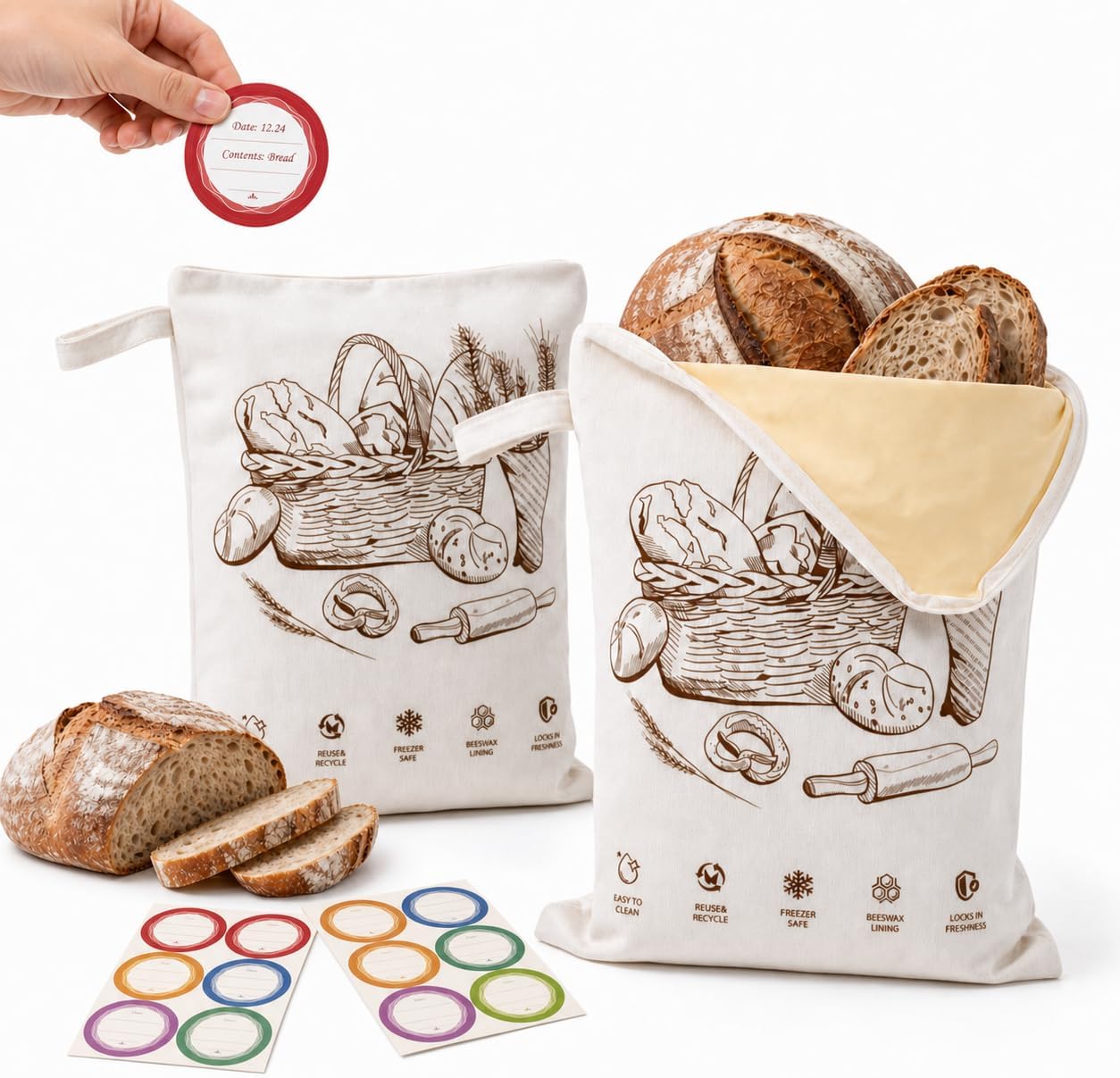 Beeswax Bread Bags for Homemade Sourdough Wide Zipper Access Reusable Bag