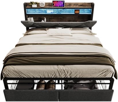 BTM Upholstered Double Bed with Drawers, LED Lighting, USB Type-C Charging Function and Storage Headboard, 4ft6-135x190cm Double Bed Frame with Metal Slatted Frame, Grey Linen(No Mattress)