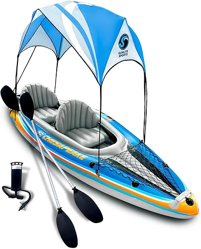 Sunlite Sports 2-Person Inflatable Kayak with Aluminum Oars (136" x 33"), High Output Air Pump and Storage Bag, Double Tandem Kayak for Adults, Two