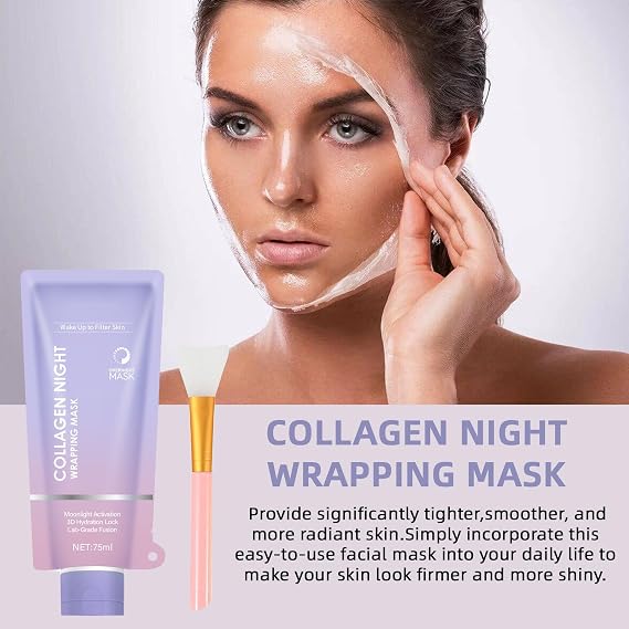 Collagen Overnight Face Mask, Night Wrapping Peel Off Mask for Hydration & Elasticity, Reduces Sagging, Dullness & Wrinkles, Hydrolyzed Collagen + Hyaluronic Acid, Glowing Skin Care, 2.53 fl.oz (1pc)