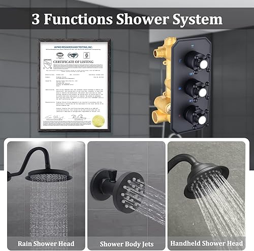 Miniatura 6 de Sistema de ducha termostático de metal de 9 pulgadas, juego de grifo de ducha negro mate de 3 pulverizadores, cabezal de ducha de lluvia con chorros