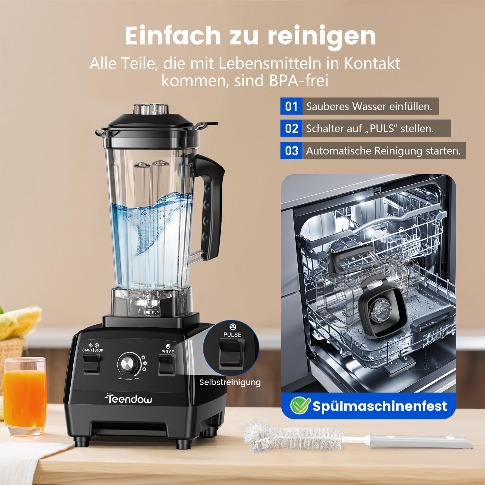 Teendow Hochleistungsmixer 1600W, Standmixer 2L mit Edelstahlklingen