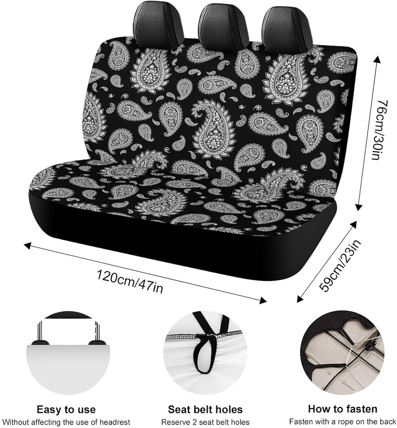 Car Seat Protector SUV Bench Seat Cover, Fashion Decor, Dirt Proof Dog Car Back Seat Cover for Trucks SUV Compatible with Black and White Paisley
