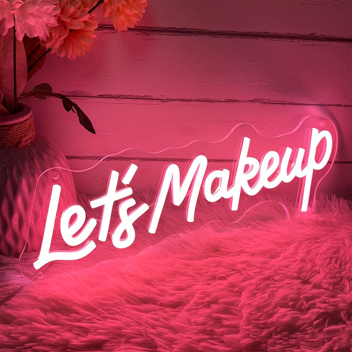 Lets Makeup Neon Sign For Spa Beauty Room Nail Brows Lashed Salon Studio LED Wall Art Decor For Business Stores Logo Barber Shops Led Word Indoor Custom Neon Lights 5V USB Powered Peach Pink 40×14cm
