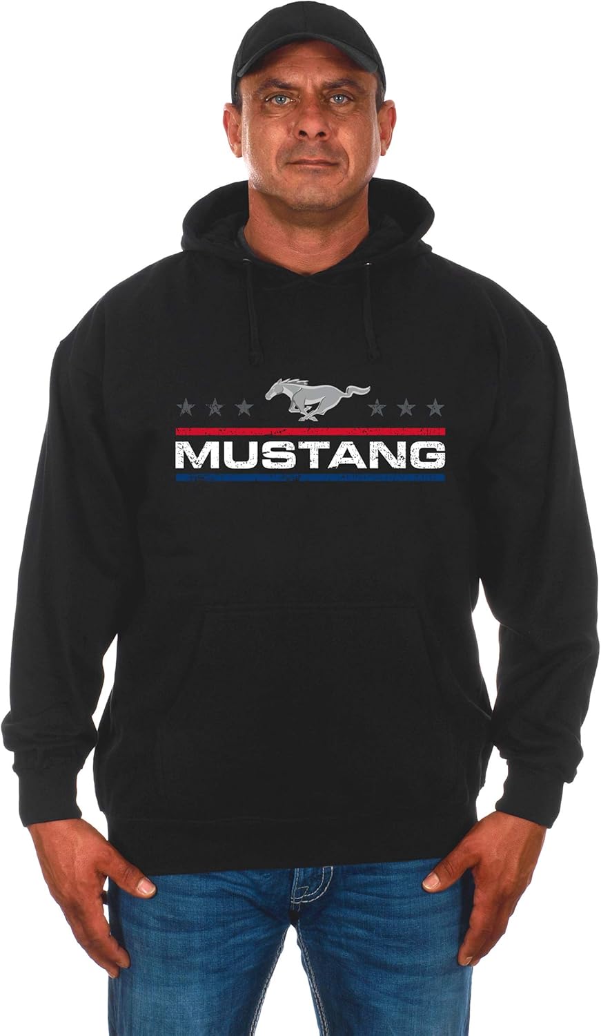 JH DESIGN GROUP Mens Ford Mustang Hoodie Distressed American Flag 2-Sided Sweatshirt - Image 2