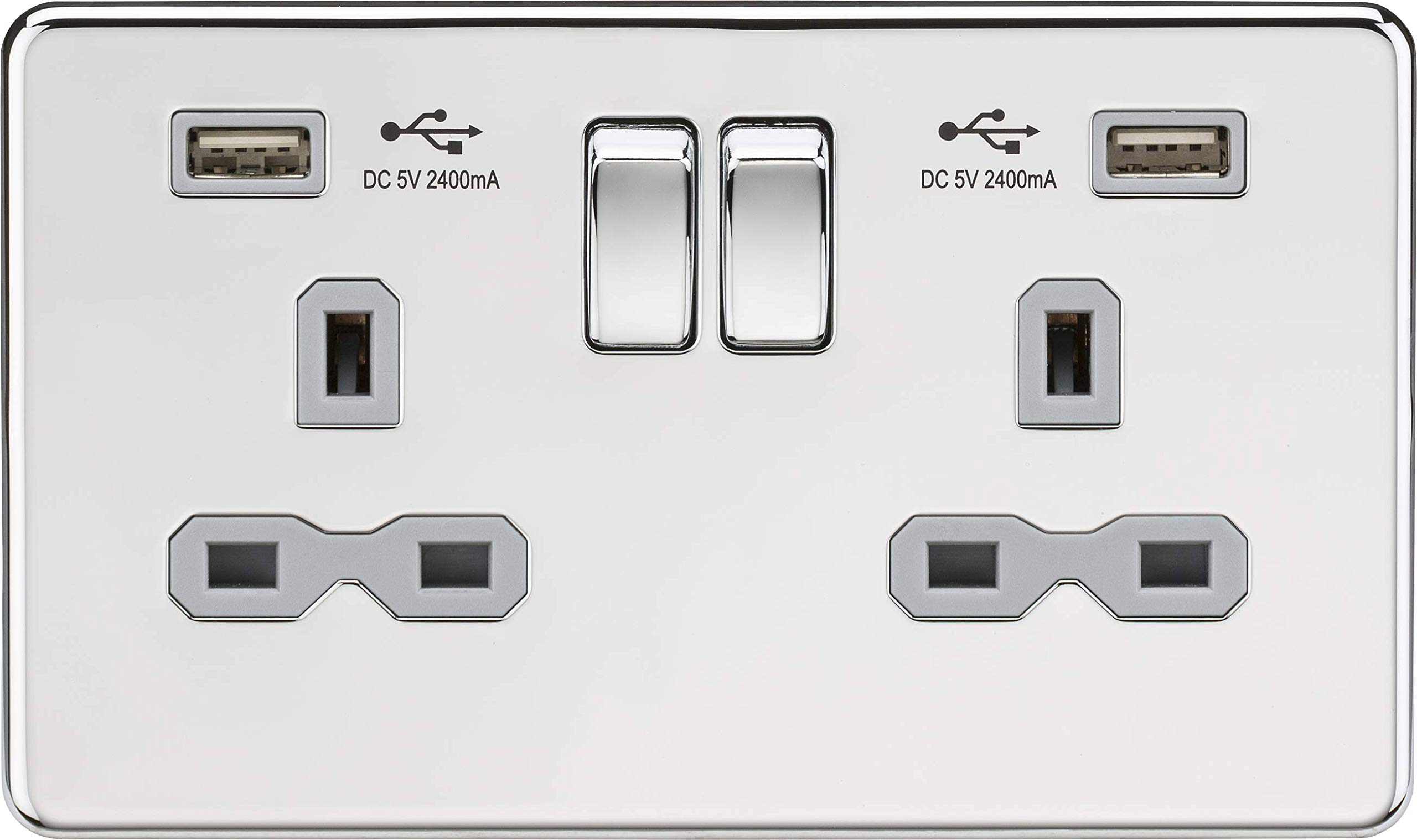 Knightsbridge SFR9224PCG 2G Switched Socket with 2.4 A Dual USB Charger, Polished Chrome with Grey Insert, 13 A