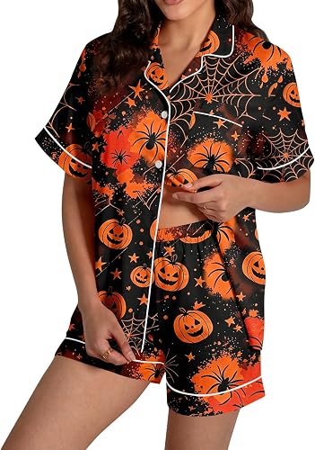 Vividcrate Halloween Pajamas Women Set Short Sleeve Button T