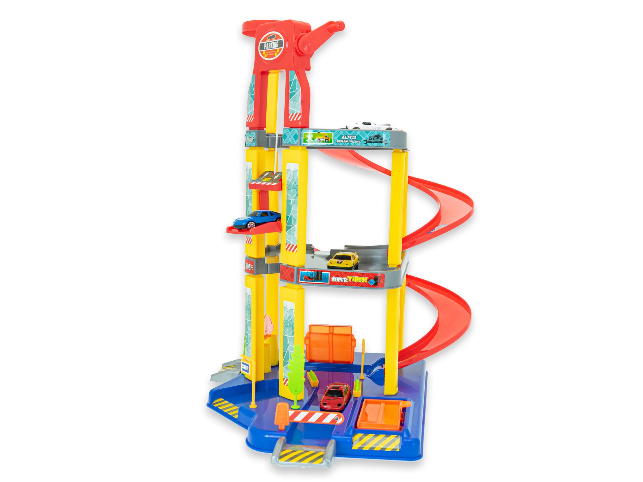 Teorema Giocattoli, Garage Macchine per Bambini, Grande Parcheggio Macchinine a 3 Piani con Ascensore, Rampa a Spirale, Autolavaggio e 4 Veicoli Inclusi, Auto per Bambini 3+ Anni