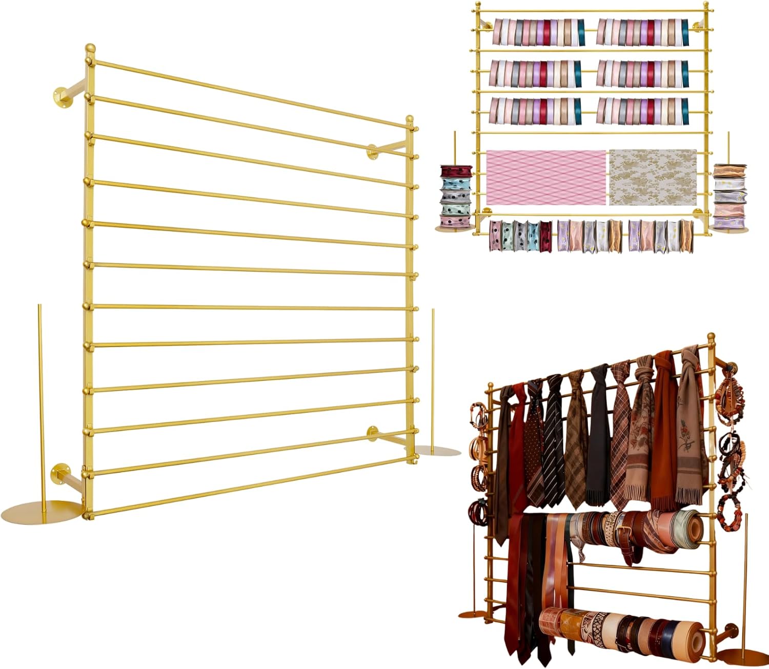 Multi-Rod Wall-Mounted Towel Tissue Display Rack Wrapping Ribbon Holder 47" Wide Wrapping Organizer Rack w/12 Adjustable Rods Ribbon Fabric Scarf Storage Display for Flower Shop Craft Retail Store