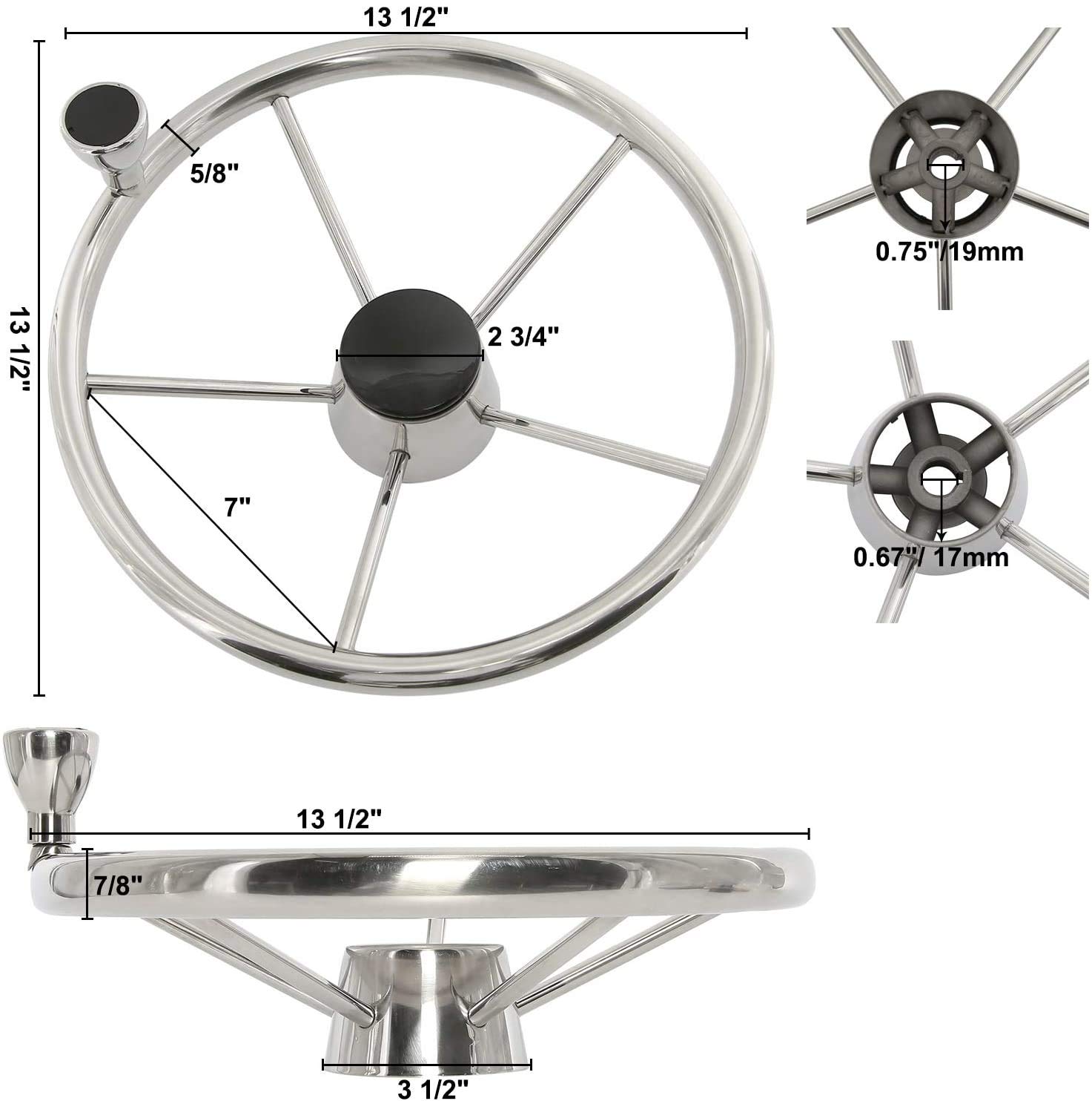 FreeTec 5 spaken 13-1/2 inch roestvrijstalen stuurwiel bootstuurwiel stuurwiel boot schip jacht met knop 9310SRF1