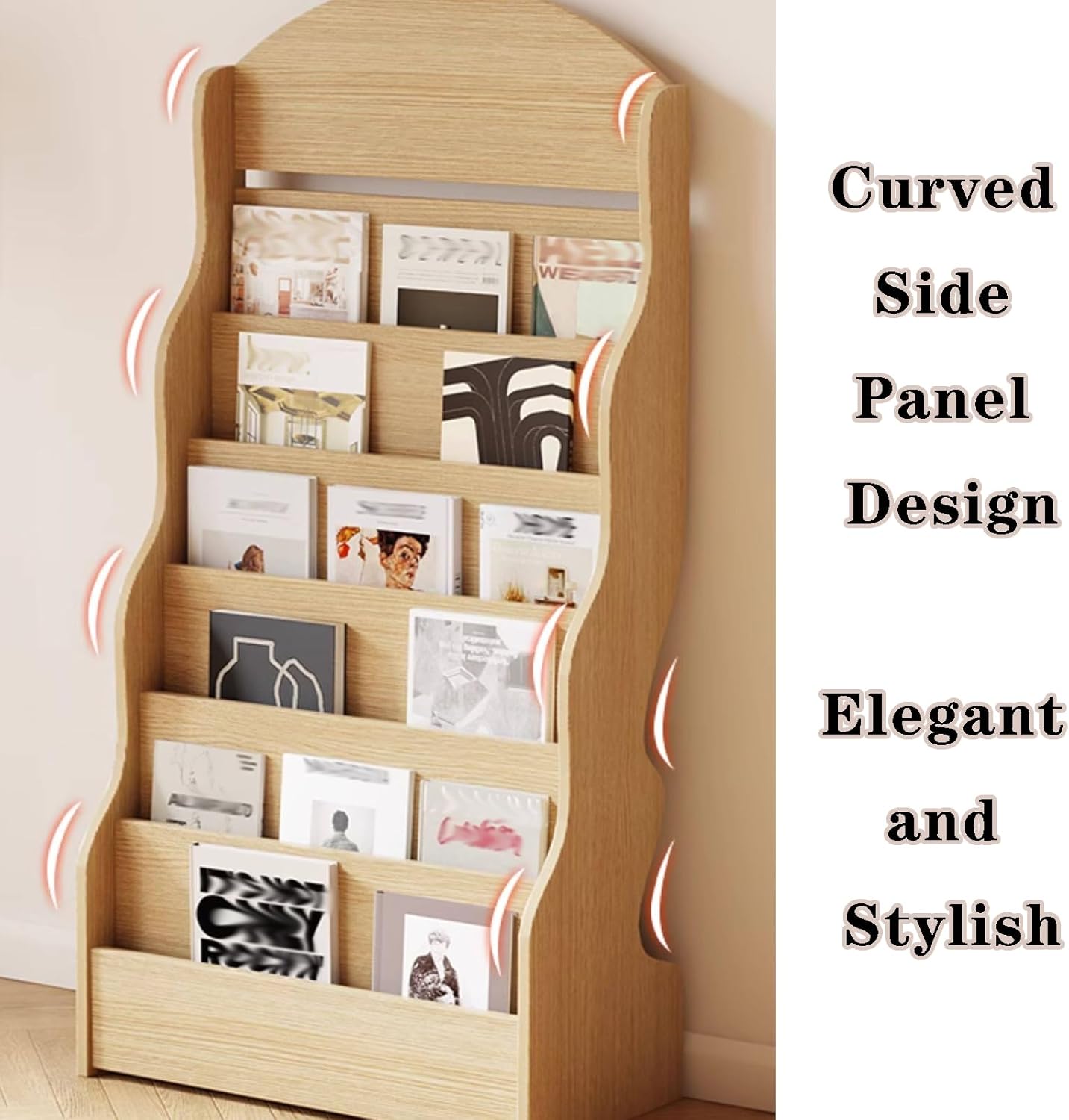 Modern Magazine Rack with Lips, Floor-Standing Wooden Display Stand With Creative Design, Multi-Tiered Structure, and Large Capacity; Suitable for Office, Living Room, and Hotel Natural Wood A