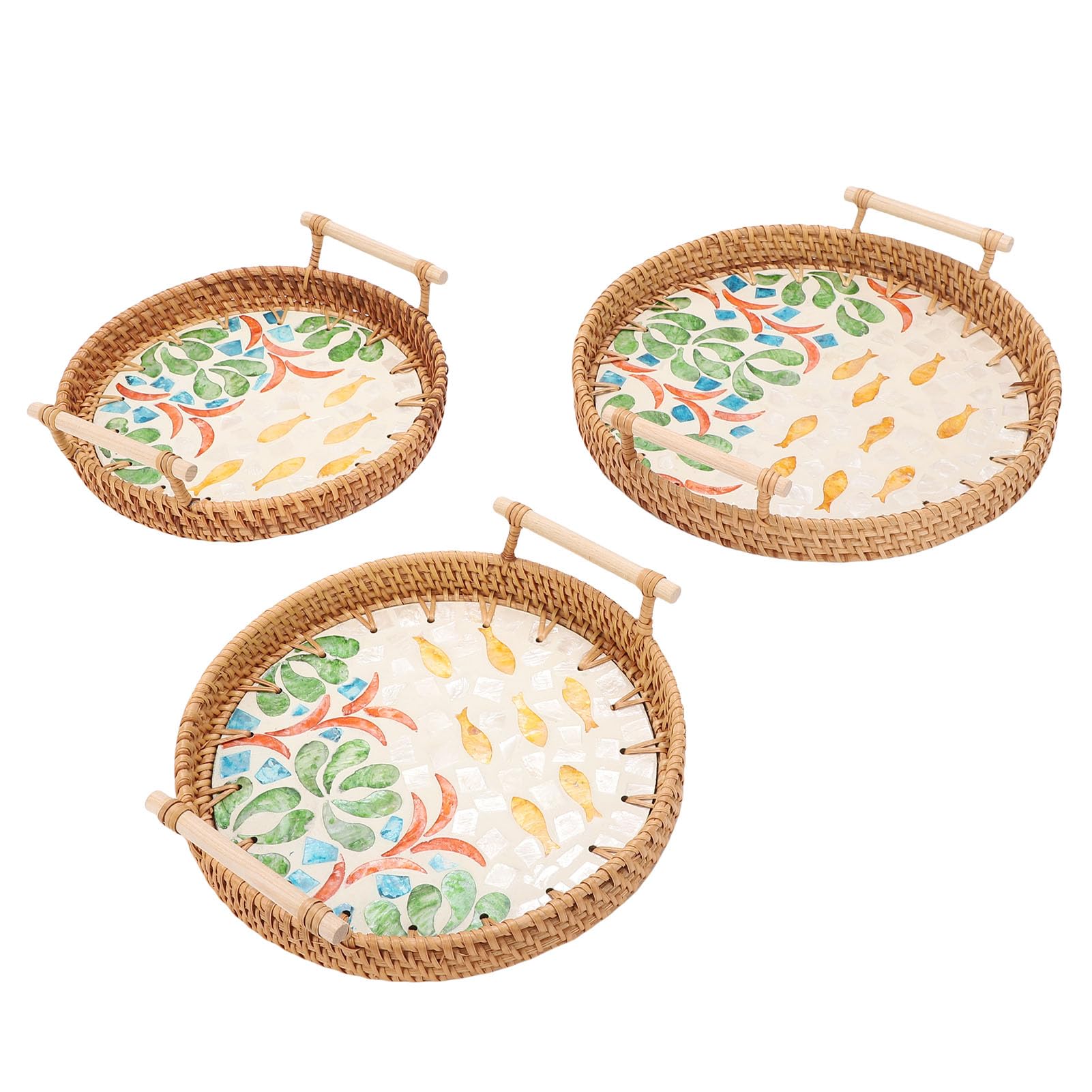 Domary Multi Purpose Rattan Tray Round 3 Pcs Woven Serving Baskets with