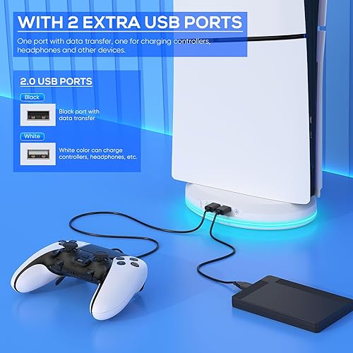 Vista 5 de FASTSNAIL Soporte vertical con ventilador de refrigeración solo para consola PS5 Slim, estación base RGB con 8 modos de luz y 2 puertos USB