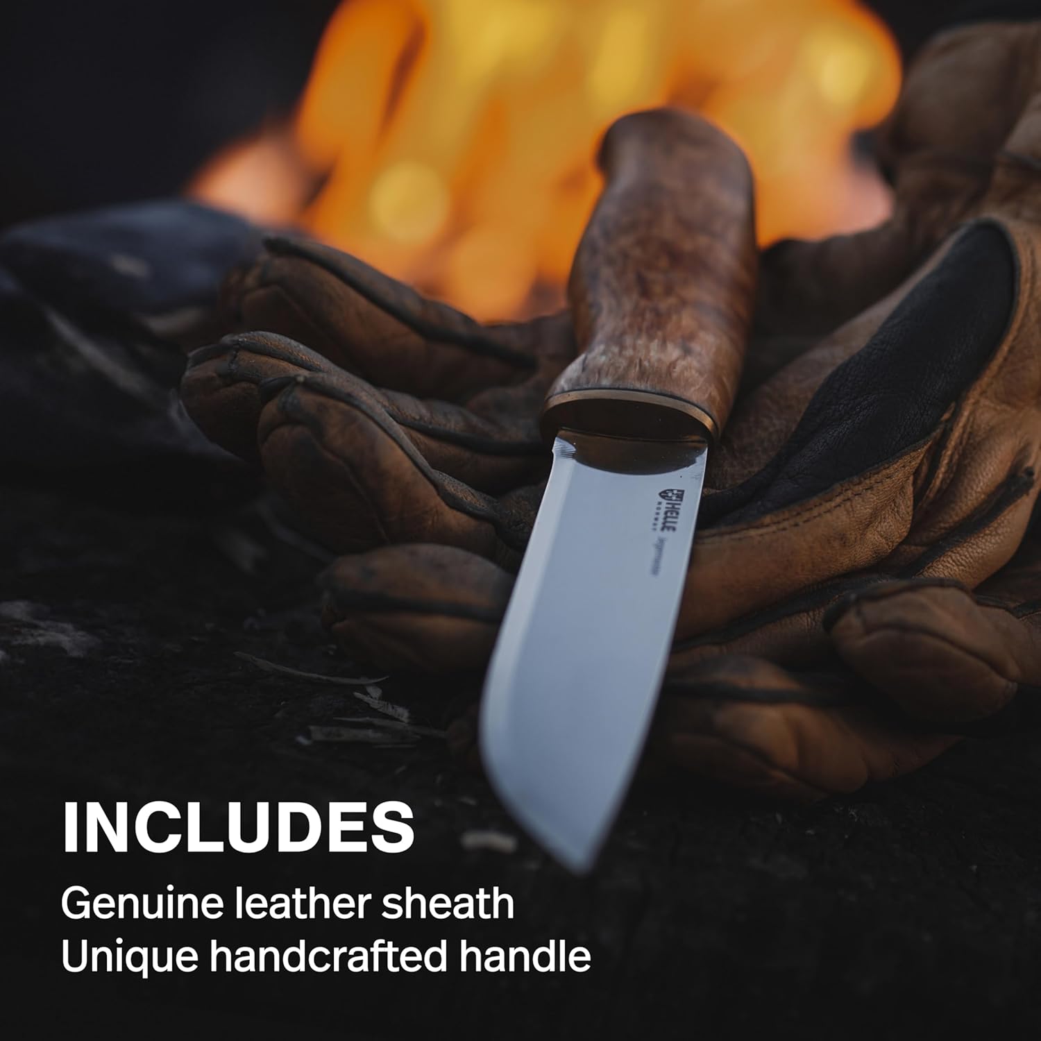 HELLE Knives - Jegermester - Outdoor Adventure Camping Knife, Stick Tang Stainless Steel Fixed Blade with Sheath, Curly Birch Handle, Made in Norway
