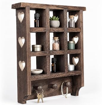 Trinket Shelf, Wooden Heart Shelf, 14 x 12 inch Floating Shelf, Wooden Trinket Shelf with Hearts and Pegs, Figurine Display Shelf, 9 Openings Heart Wall Shelf for Bedroom, Living Room, or Study Room