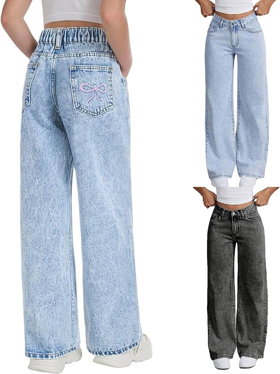 Baggy Jeans for Girls Cute Kids Bow Embroidery Wide Leg Denim Pants High Waist Trousers Y2k Tween Clothes 7-13Y