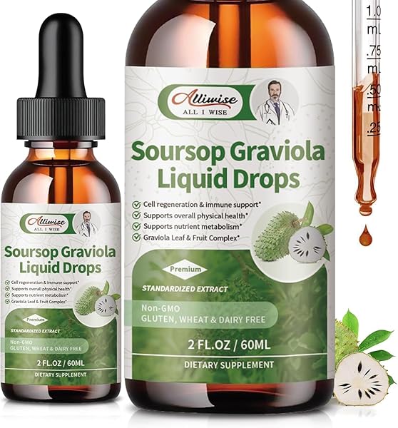 Alliwise Soursop Graviola Liquid Drop, High Absorption Form Soursop Leaves & Fruit Complex, for Cell Regeneration & Immune Support & Digestive Bitters - Vegan Sour SOP Bitters Liquid - 2 Fl oz