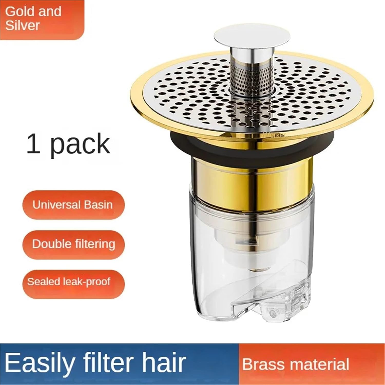 Wash Basin Sink Leakage Plug Basin Pop-up Core Press Type Drain Accessories Anti-Odour Anti-Blocking Strainer(Golden)