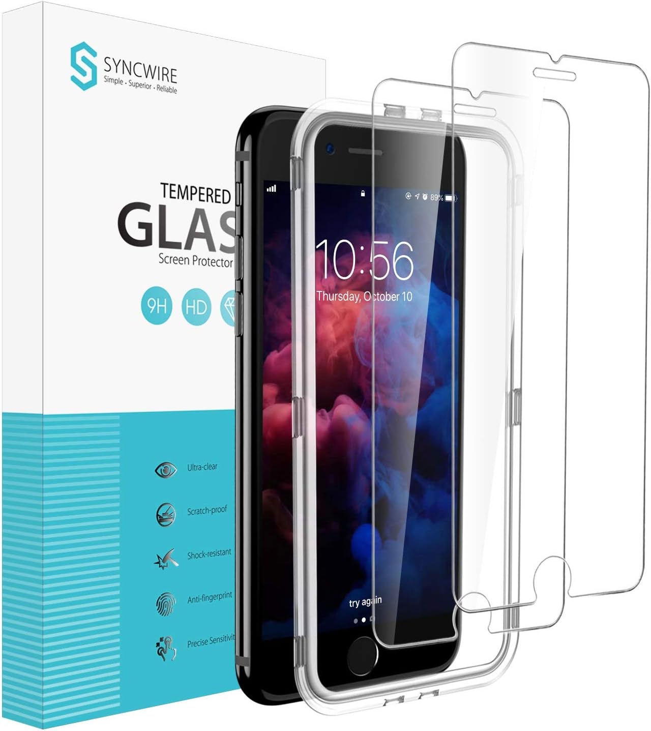Syncwire Screen Protector for iPhone 8 Plus / 7 Plus [2-Pack], 9H Hardness Anti-Fingerprint Tempered Glass for iPhone 8 Plus/7 Plus [Screen-Alignment Frame Included, Bubble-Free, 3D-Touch Support]