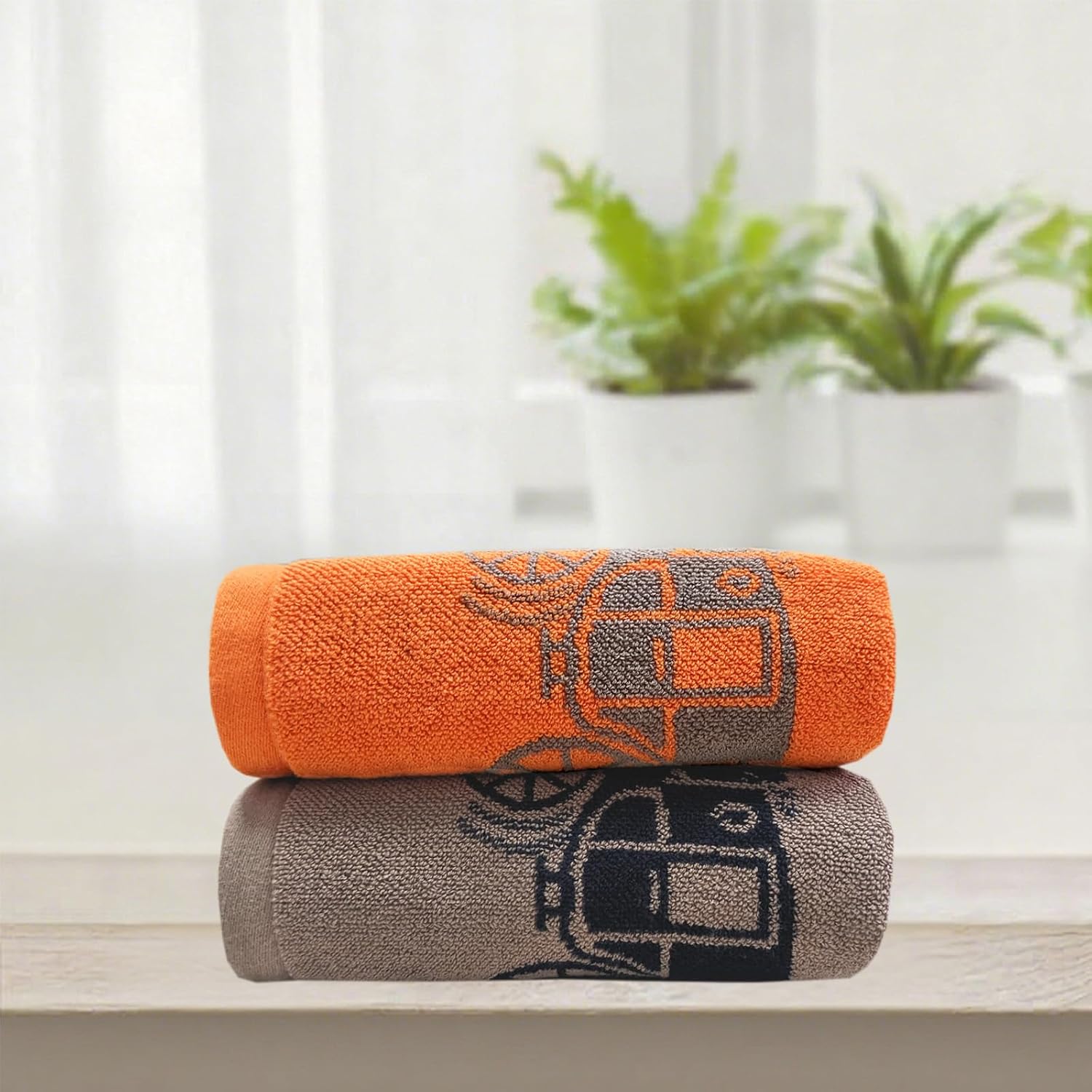 ABREEZE Carriage Pattern Two-Color Jacquard Cotton Hand Towel Set of 2, Orange and Coffee 13"x29.5" Skin-Friendly and Water-Absorbent Towels for Bathroom and Swimming Pool