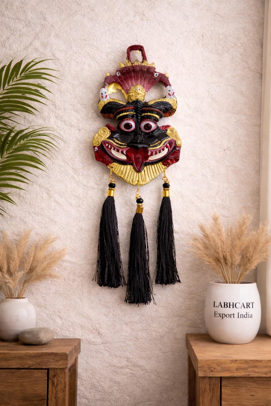 LABHCART Metal Narsingh Kirtimukha Mask Wall Hanging, Evil Eye Protection, Nazar Battu with Black Tassels, Home and Office Decor-image-5