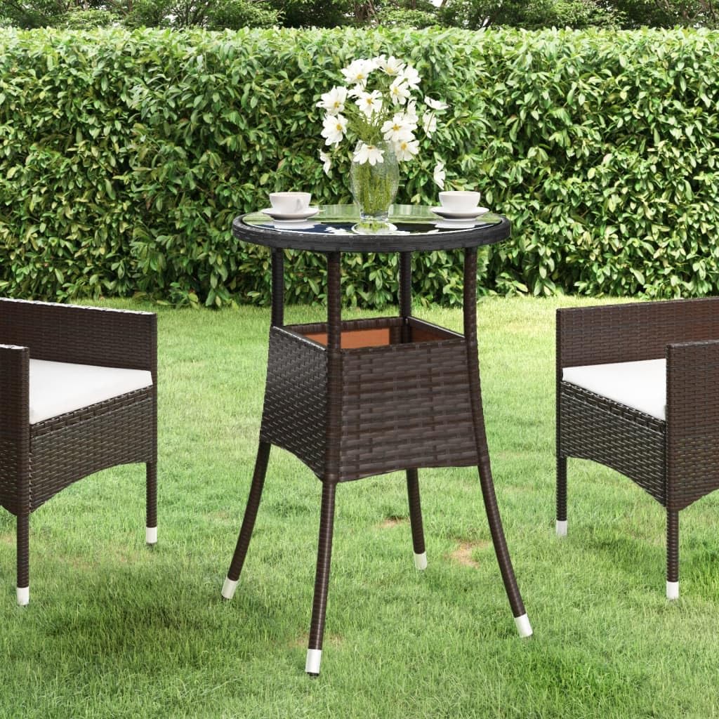SXZenSpace Garden Coffee Table 60x75 cm Brown Poly Rattan Bistro-Style Outdoor with Tempered Glass Top, Lightweight yet Robust Steel Frame for Patio, Balcony, Conservatory