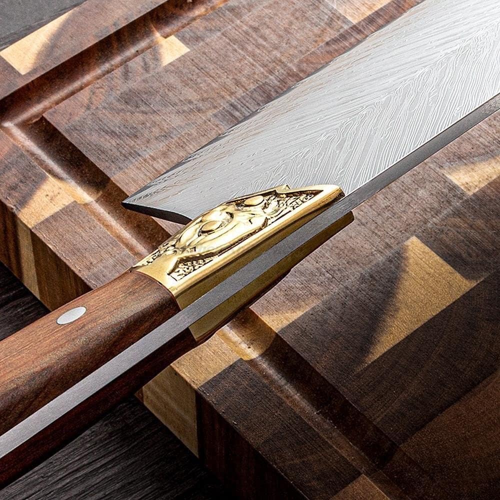 Meat Cleaver,Cleaver Knife, 8 Inch Longquan Kitchen Knife 9Cr18MoV Damascus Steel Copper Decor Sharp Chopper Handmade Forged Fixed Blade Knife Cooking Tools