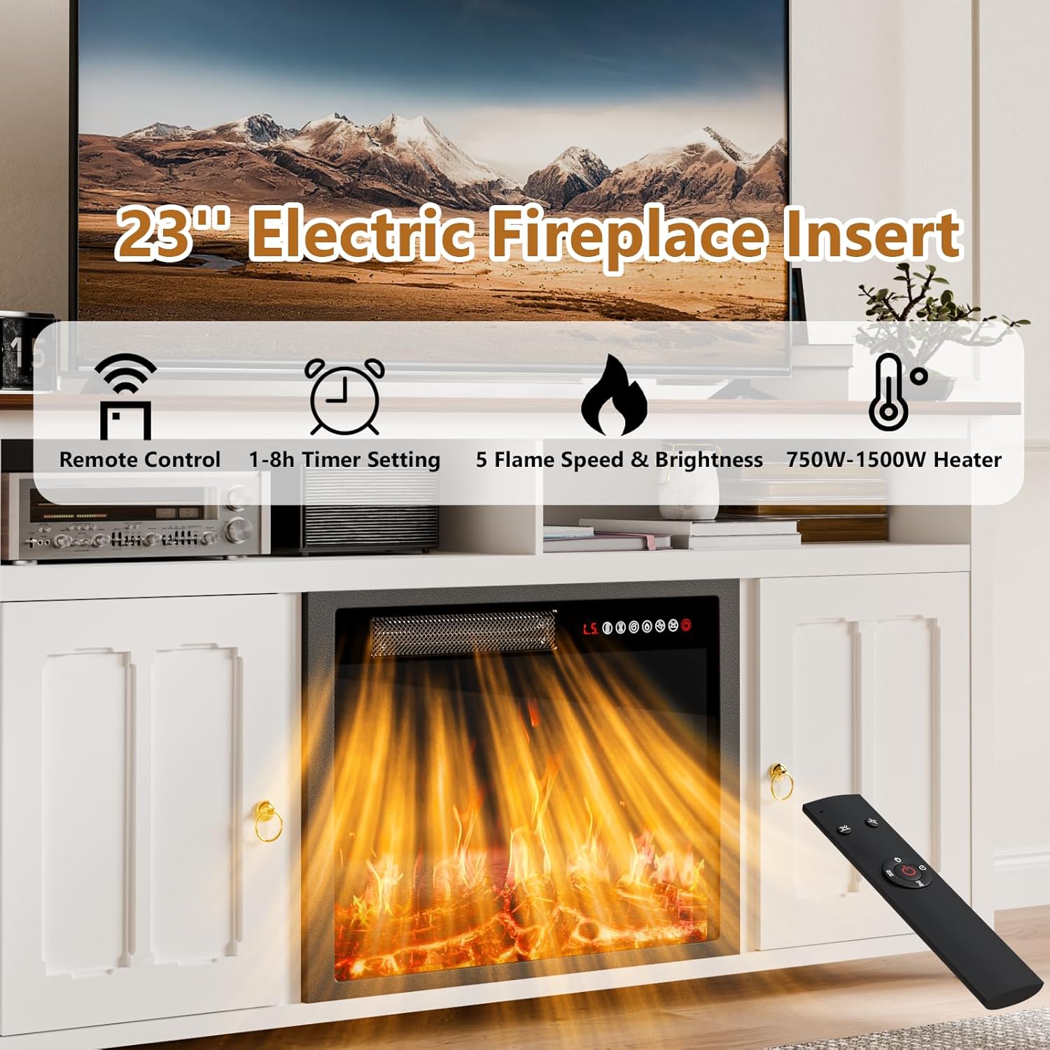 PUKAMI 58" Fireplace TV Stand with 23" Fireplace up to 65" TVs, Media Entertainment Center Console Table with Open Storage Shelves and Cabinets for Living Room, White and Rustic Brown Top