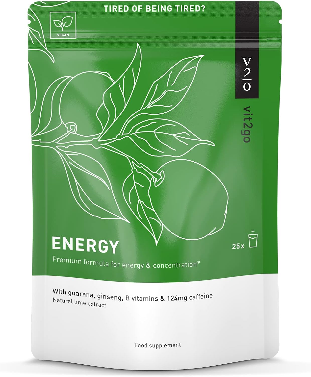 Natural Energy Drink Mix – 124mg Caffeine from Ginseng & Guarana | Sugar-Free, No Crash Pre-Workout Powder | B Vitamins, Magnesium & Zinc | Focus & Performance | Keto, Vegan | 25 Portions