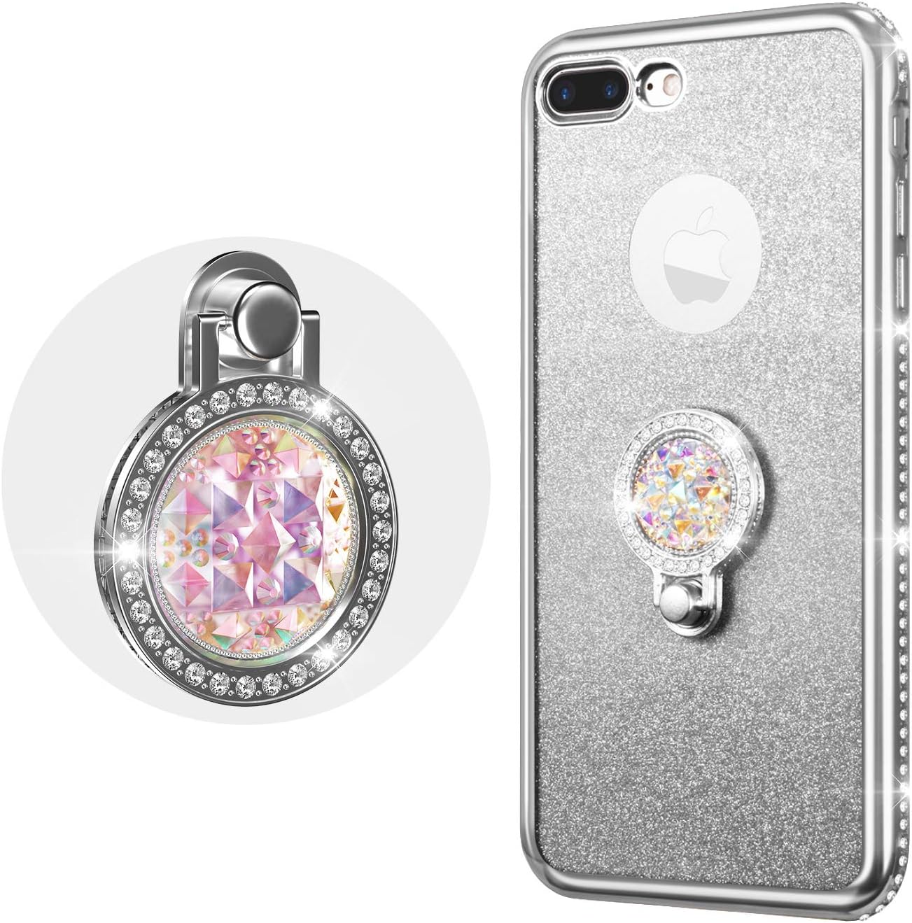 UEEBAI Case for iPhone XR, Glitter Soft TPU Case with Shining Diamond 360 Degree Rotatable Ring Kickstand Ultra Slim Shockproof with Lanyard for iPhone XR - Silver