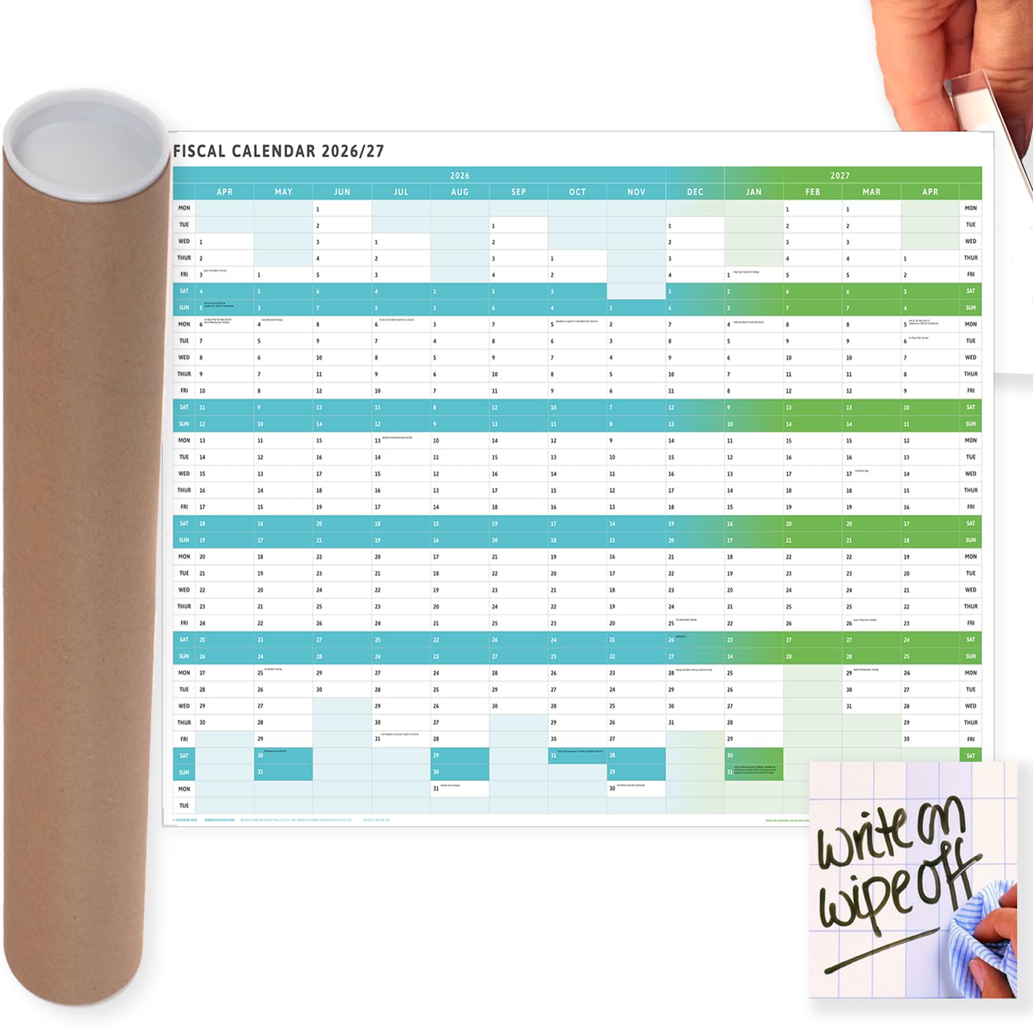 2026/2027 Tax Year Wall Planner (April 2026 – March 2027) | Large Landscape Fiscal Year Calendar with UK Public Holidays, Key Tax Deadlines, Wipe‑Clean Laminate Finish & 52‑Week Overview for Office