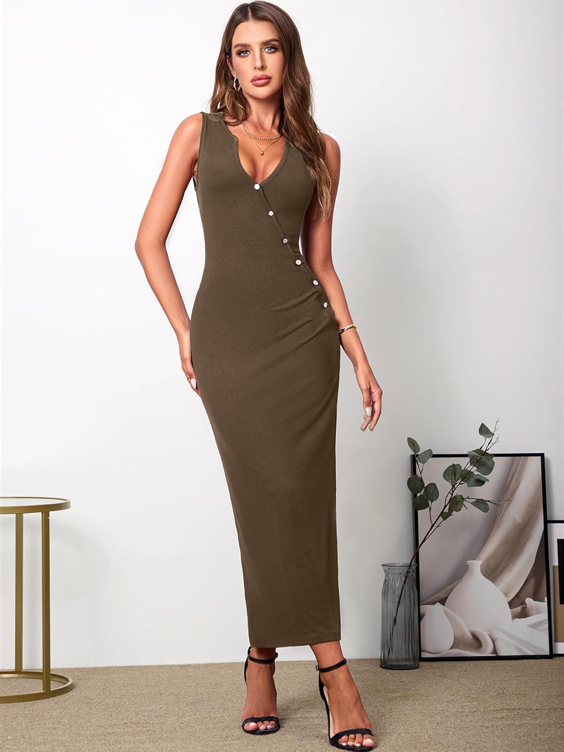 HTZMO Women Fall Knit Casual Long Dress Sexy V Neck Bodycon Wedding Guest Elegant Maxi Dresses - Image 2