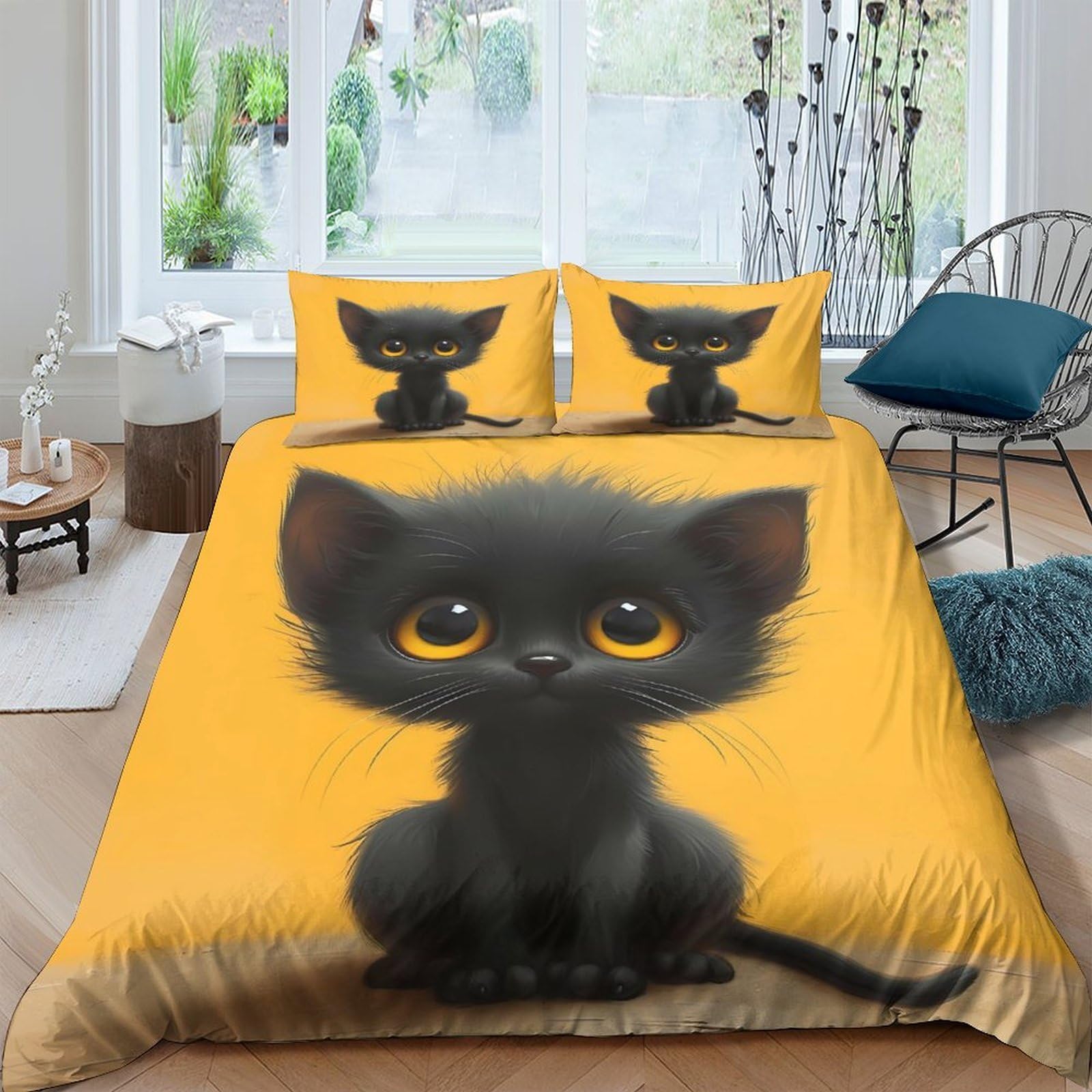 Ctjqhvkz Style-2 3D Printed Black Cat Cartoon Fitted Sheet Microfiber Soft Yellow Bed Cover For Bedroom Guest Room Dorm Mattress Protector Single（135X200cm）